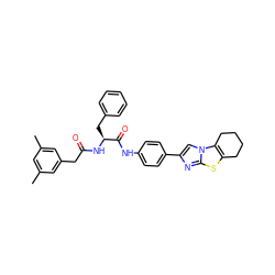 Cc1cc(C)cc(CC(=O)N[C@@H](Cc2ccccc2)C(=O)Nc2ccc(-c3cn4c5c(sc4n3)CCCC5)cc2)c1 ZINC000082154083