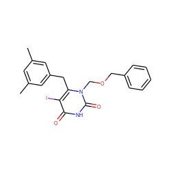 Cc1cc(C)cc(Cc2c(I)c(=O)[nH]c(=O)n2COCc2ccccc2)c1 ZINC000084670110