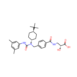 Cc1cc(C)cc(NC(=O)N(Cc2ccc(C(=O)NC[C@@H](O)C(=O)O)cc2)[C@H]2CC[C@H](C(C)(C)C)CC2)c1 ZINC000253916248