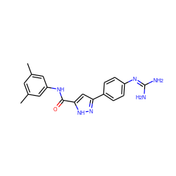 Cc1cc(C)cc(NC(=O)c2cc(-c3ccc(N=C(N)N)cc3)n[nH]2)c1 ZINC000222124968