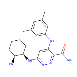 Cc1cc(C)cc(Nc2cc(N[C@@H]3CCCC[C@@H]3N)nnc2C(N)=O)c1 ZINC000169308330