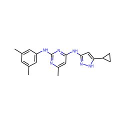 Cc1cc(C)cc(Nc2nc(C)cc(Nc3cc(C4CC4)[nH]n3)n2)c1 ZINC000203008618