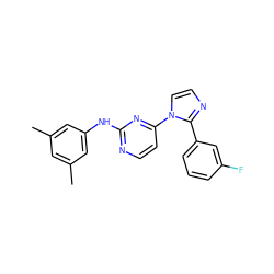 Cc1cc(C)cc(Nc2nccc(-n3ccnc3-c3cccc(F)c3)n2)c1 ZINC000013489756