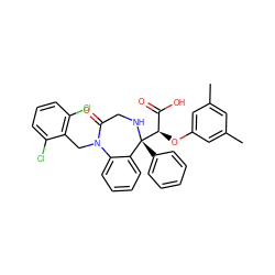 Cc1cc(C)cc(O[C@H](C(=O)O)[C@@]2(c3ccccc3)NCC(=O)N(Cc3c(Cl)cccc3Cl)c3ccccc32)c1 ZINC000100847318