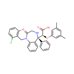 Cc1cc(C)cc(O[C@H](C(=O)O)[C@@]2(c3ccccc3)NCC(=O)N(Cc3c(F)cccc3Cl)c3ccccc32)c1 ZINC000026670558