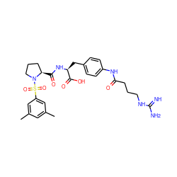 Cc1cc(C)cc(S(=O)(=O)N2CCC[C@H]2C(=O)N[C@@H](Cc2ccc(NC(=O)CCCNC(=N)N)cc2)C(=O)O)c1 ZINC001772640092