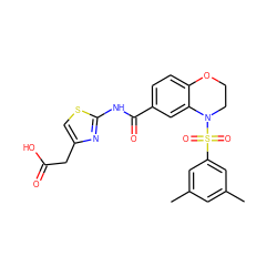 Cc1cc(C)cc(S(=O)(=O)N2CCOc3ccc(C(=O)Nc4nc(CC(=O)O)cs4)cc32)c1 ZINC000114517716