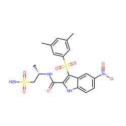 Cc1cc(C)cc(S(=O)(=O)c2c(C(=O)N[C@@H](C)CS(N)(=O)=O)[nH]c3ccc([N+](=O)[O-])cc23)c1 ZINC000040938156