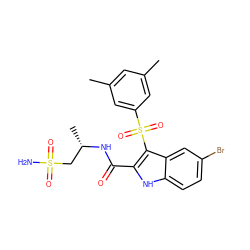 Cc1cc(C)cc(S(=O)(=O)c2c(C(=O)N[C@@H](C)CS(N)(=O)=O)[nH]c3ccc(Br)cc23)c1 ZINC000042804251