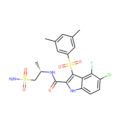 Cc1cc(C)cc(S(=O)(=O)c2c(C(=O)N[C@@H](C)CS(N)(=O)=O)[nH]c3ccc(Cl)c(F)c23)c1 ZINC000040413128