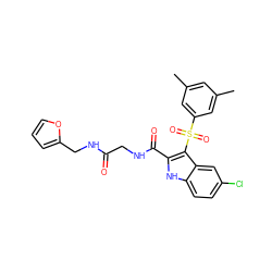 Cc1cc(C)cc(S(=O)(=O)c2c(C(=O)NCC(=O)NCc3ccco3)[nH]c3ccc(Cl)cc23)c1 ZINC001772596799