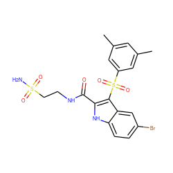 Cc1cc(C)cc(S(=O)(=O)c2c(C(=O)NCCS(N)(=O)=O)[nH]c3ccc(Br)cc23)c1 ZINC000040895362