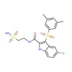 Cc1cc(C)cc(S(=O)(=O)c2c(C(=O)NCCS(N)(=O)=O)[nH]c3ccc(Cl)cc23)c1 ZINC000040892876