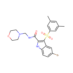 Cc1cc(C)cc(S(=O)(=O)c2c(C(=O)NCN3CCOCC3)[nH]c3ccc(Br)cc23)c1 ZINC000071317689