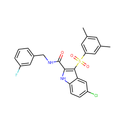 Cc1cc(C)cc(S(=O)(=O)c2c(C(=O)NCc3cccc(F)c3)[nH]c3ccc(Cl)cc23)c1 ZINC000169337493