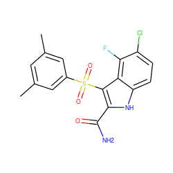 Cc1cc(C)cc(S(=O)(=O)c2c(C(N)=O)[nH]c3ccc(Cl)c(F)c23)c1 ZINC000028711515