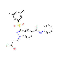 Cc1cc(C)cc(S(=O)(=O)c2nn(CCC(=O)O)c3ccc(C(=O)Nc4ccccc4)cc23)c1 ZINC000299855845