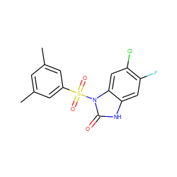 Cc1cc(C)cc(S(=O)(=O)n2c(=O)[nH]c3cc(F)c(Cl)cc32)c1 ZINC000040403255