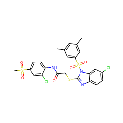 Cc1cc(C)cc(S(=O)(=O)n2c(SCC(=O)Nc3ccc(S(C)(=O)=O)cc3Cl)nc3ccc(Cl)cc32)c1 ZINC000103262641