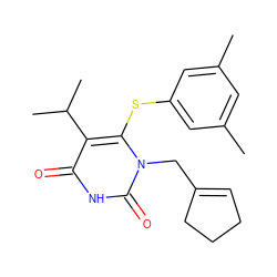 Cc1cc(C)cc(Sc2c(C(C)C)c(=O)[nH]c(=O)n2CC2=CCCC2)c1 ZINC000043120693