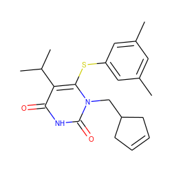 Cc1cc(C)cc(Sc2c(C(C)C)c(=O)[nH]c(=O)n2CC2CC=CC2)c1 ZINC000001487090