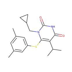 Cc1cc(C)cc(Sc2c(C(C)C)c(=O)[nH]c(=O)n2CC2CC2)c1 ZINC000000026267