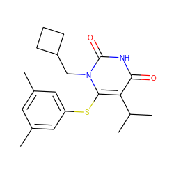 Cc1cc(C)cc(Sc2c(C(C)C)c(=O)[nH]c(=O)n2CC2CCC2)c1 ZINC000034819350