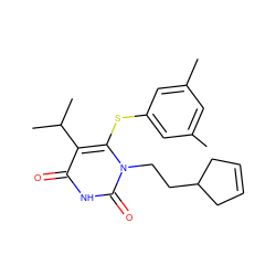 Cc1cc(C)cc(Sc2c(C(C)C)c(=O)[nH]c(=O)n2CCC2CC=CC2)c1 ZINC000043012949