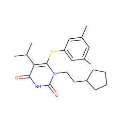 Cc1cc(C)cc(Sc2c(C(C)C)c(=O)[nH]c(=O)n2CCC2CCCC2)c1 ZINC000043010956