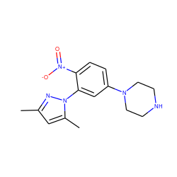 Cc1cc(C)n(-c2cc(N3CCNCC3)ccc2[N+](=O)[O-])n1 ZINC000004184114