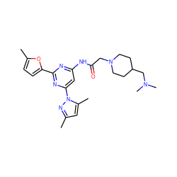 Cc1cc(C)n(-c2cc(NC(=O)CN3CCC(CN(C)C)CC3)nc(-c3ccc(C)o3)n2)n1 ZINC000014975540