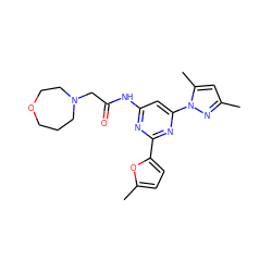 Cc1cc(C)n(-c2cc(NC(=O)CN3CCCOCC3)nc(-c3ccc(C)o3)n2)n1 ZINC000014975548