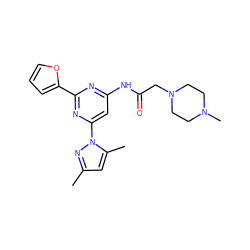 Cc1cc(C)n(-c2cc(NC(=O)CN3CCN(C)CC3)nc(-c3ccco3)n2)n1 ZINC000023360511