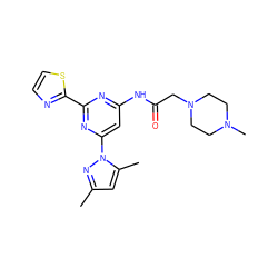 Cc1cc(C)n(-c2cc(NC(=O)CN3CCN(C)CC3)nc(-c3nccs3)n2)n1 ZINC000023360548