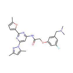 Cc1cc(C)n(-c2cc(NC(=O)COc3cc(F)cc(CN(C)C)c3)nc(-c3ccc(C)o3)n2)n1 ZINC000029041682