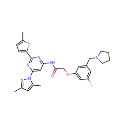 Cc1cc(C)n(-c2cc(NC(=O)COc3cc(F)cc(CN4CCCC4)c3)nc(-c3ccc(C)o3)n2)n1 ZINC000029041684