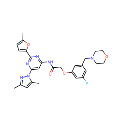 Cc1cc(C)n(-c2cc(NC(=O)COc3cc(F)cc(CN4CCOCC4)c3)nc(-c3ccc(C)o3)n2)n1 ZINC000029041686