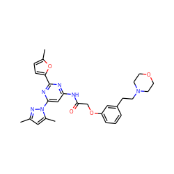 Cc1cc(C)n(-c2cc(NC(=O)COc3cccc(CCN4CCOCC4)c3)nc(-c3ccc(C)o3)n2)n1 ZINC000029041690