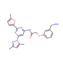 Cc1cc(C)n(-c2cc(NC(=O)COc3cccc(CN)c3)nc(-c3ccc(C)o3)n2)n1 ZINC000029041680