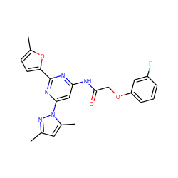 Cc1cc(C)n(-c2cc(NC(=O)COc3cccc(F)c3)nc(-c3ccc(C)o3)n2)n1 ZINC000029041638