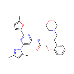 Cc1cc(C)n(-c2cc(NC(=O)COc3ccccc3CCN3CCOCC3)nc(-c3ccc(C)o3)n2)n1 ZINC000029041700