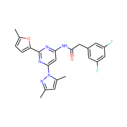 Cc1cc(C)n(-c2cc(NC(=O)Cc3cc(F)cc(F)c3)nc(-c3ccc(C)o3)n2)n1 ZINC000029128119