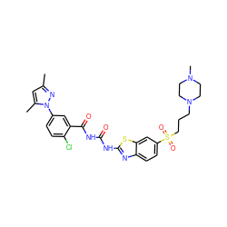 Cc1cc(C)n(-c2ccc(Cl)c(C(=O)NC(=O)Nc3nc4ccc(S(=O)(=O)CCCN5CCN(C)CC5)cc4s3)c2)n1 ZINC000117108416