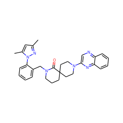 Cc1cc(C)n(-c2ccccc2CN2CCCC3(CCN(c4cnc5ccccc5n4)CC3)C2=O)n1 ZINC000096173153