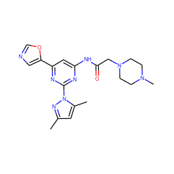 Cc1cc(C)n(-c2nc(NC(=O)CN3CCN(C)CC3)cc(-c3cnco3)n2)n1 ZINC000023360534