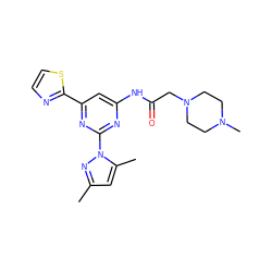 Cc1cc(C)n(-c2nc(NC(=O)CN3CCN(C)CC3)cc(-c3nccs3)n2)n1 ZINC000023360531