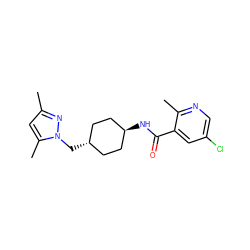 Cc1cc(C)n(C[C@H]2CC[C@H](NC(=O)c3cc(Cl)cnc3C)CC2)n1 ZINC000261099382