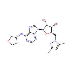 Cc1cc(C)n(C[C@H]2O[C@@H](n3cnc4c(N[C@@H]5CCOC5)ncnc43)[C@H](O)[C@@H]2O)n1 ZINC001772600028