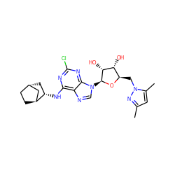 Cc1cc(C)n(C[C@H]2O[C@@H](n3cnc4c(N[C@H]5C[C@H]6CC[C@H]5C6)nc(Cl)nc43)[C@H](O)[C@@H]2O)n1 ZINC001772628591