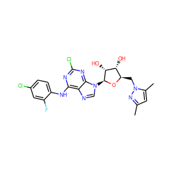 Cc1cc(C)n(C[C@H]2O[C@@H](n3cnc4c(Nc5ccc(Cl)cc5F)nc(Cl)nc43)[C@H](O)[C@@H]2O)n1 ZINC001772570675